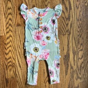 Light green, floral bamboo Posh Peanut ruffle one piece with buttons, 0-3 M.
